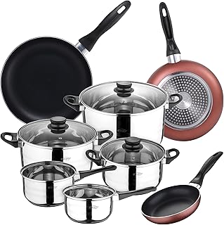 San Ignacio 8-Piece Stainless Steel Cookware Set + 3 Frying Pans Ø16/20/24 cm Pressed Aluminium, Suitable for Induction