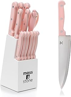 Moss & Stone Pink 14 Pcs Knife Block Set Stainless Steel, Premium Forged Kitchen Knives Set with High-Carbon Blades, Ergonomic Handle, Sharp Blade, Rust Resistant, Modern Style for Home & Chef