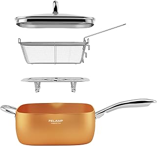 FELAMP 11-Inch Ceramic Nonstick Deep Square Frying Pan Set with Glass Lid, Stainless Steel Fry Basket & Steamer Rack, Induction Compatible, Oven &Dishwasher Safe, 4-Piece Copper Pan Chef Cookware Set