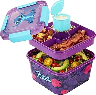Get Trend Disney Stitch Salad Container Bento Box for Kids, 70 Oz Portable Lunch Box, Leak Proof, BPA Free Multi Compartment Salad Bowl with Dressing Pot, Food Storage, Gifts For Girls (Stitch)