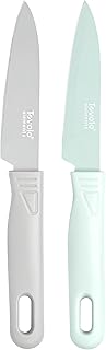 Tovolo Paring Knife Set of 2 Stainless Steel 8 Inch Kitchen Knives with Protective Blade Cover, Sharp Small Comfort Grip Handle Paring Knife Set for Cutting Slicing Dicing, Blue Haze & Oyster Gray