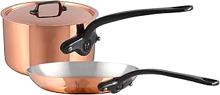 Mauviel M'Heritage 150 CI 1.5mm Polished Copper & Stainless Steel DeLuxe 3-Piece Cookware Set, With Sauce Pan With Lid, 2.8-Qt and Frying Pan 11.8-In, Cast Iron Handles, Made in France