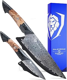 Dalstrong 2 Piece Set - Chef Knife 8 inch + Paring Knife 4 inch - Scorpion Series - Venom Edition - Japanese V12 Ultra™ Steel - Spiral Blade Pattern - Black Honeycomb Resin Handle - Leather Sheath