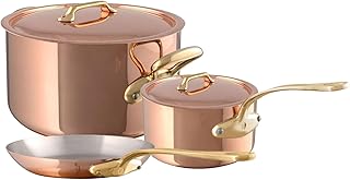 Mauviel M'200 B 2mm Polished Copper & Stainless Steel 5-Piece Cookware Set With Brass Handles, Made In France