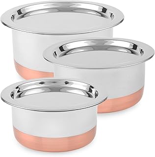 CRAFTONE Stainless Steel Copper bottom Tope Set with Lid, Cookware Set of 3 Pcs Gas Stove Friendly multi purpose Container Pot Set (60 Oz, 47 Oz and 33 Oz)