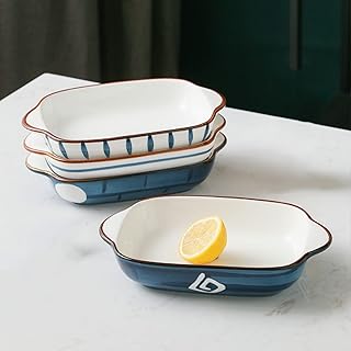Ceramic Dish Set of 4,Pie Pan Rectangular Japanese-Style Porcelain Pie Plate for Baking, Baking Dish Oven Safe for Cooking Bakeware Christmas Dinner,Blue