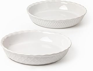 Ceramic Pie Dish Set of 2,9 Inch Deep Baking Dishes, 36oz Each,Embossed Floral & Dotted Pattern Pie Plates,Oven, Microwave & Dishwasher Safe–Elegant Kitchen Gift Set