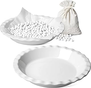 LE TAUCI Ceramic Pie Dish and Pie Weights Set, 9 Inches Pie Pans for Baking, 36 OZ Round Fluted Pie Plates for Apple Pie, Quiche, Pot Pies, Tart – Set of 2, Classic White