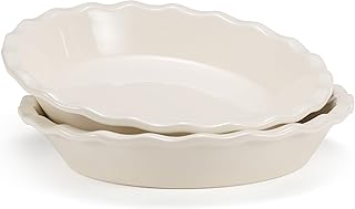 KooK Pie Pan, Ceramic Reusable Round Pie Dish, Quiche Baking Dish, Deep, Wave Edge, For Cakes, Tart, Casseroles, Tarts, Microwave, Oven and Dishwasher Safe, 9-Inch, 36 oz, Set of 2, Ivory