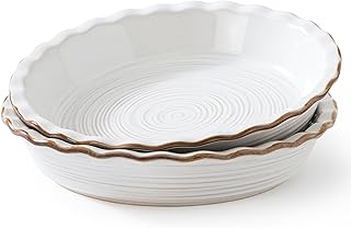 Frewinky Ceramic Pie Pan for Baking, 9 inch Pie Dish with Ruffled Edge, Nonstick Deep Pie Plate, Farmhouse Decor Quiche Tart Baking Dish for Thanksgiving, Microwave & Oven Safe, Set of 2