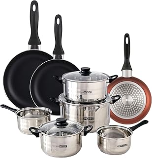 Well Home Cookware Set, 8 Pieces, Stainless Steel + 3 Pans, Diameter 16 x 20 x 24 cm, Metallic Copper Made of Pressed Aluminium