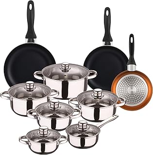 Well Home Cookware Set, 12 Pieces, Stainless Steel + 3 Pans, Diameter 16 x 20 x 24 cm, Metallic Copper Made of Pressed Aluminium
