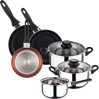Cookware Set, 5 Pieces, Stainless Steel + 3-Piece Pan Set, Diameter 16 x 20 x 24 cm, Pressed Aluminium, Metallic Copper