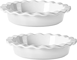 Set of 2 Ceramic Pie Dishes, 9.8 Quiche Pans with, White Elegant Design and Wavy Edge