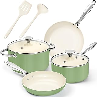MICHELANGELO Pots and Pans Set Non Stick - Titanium Cookware Set Non Toxic Ceramic Coating, 8-Pcs Nonstick Pots and Pans with Ergonomic Handle, Dishwasher Safe & Induction Compatible, Green