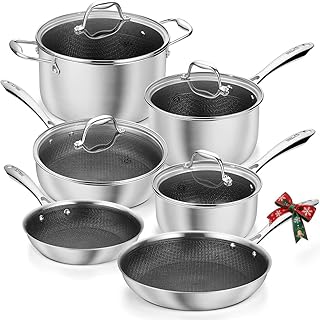 KOCH SYSTEME CS Triply Stainless Steel Cookware Set 10 Piece, Nonstick Hybrid Stainless Steel Pots and Pans Set, Kitchen Cookware Set with Honeycomb Interior, 18/10 Steel, Induction Compatible