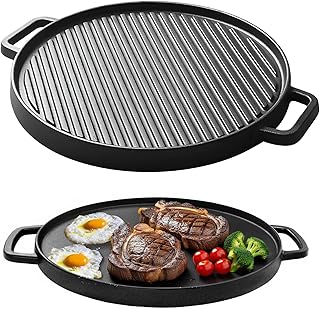 1 Pcs Cast Iron Griddle, 11.8 in Reversible Grill Griddle for Gas Grill & Stove Tops, Multifunctional Double-Sided Grill Pan with Ribbed Surface for Indoor Outdoor Use
