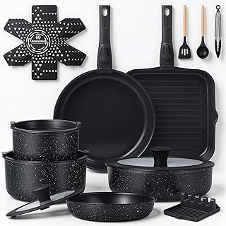 Ammeloo 21 Pcs Pots and Pans Set Non Stick with Detachable Handle & Grill Pan, Induction Ceramic Cookware Set, Non Toxic Kitchen Pots and Pans Set for RVs,Camping, Oven/Dishwasher Safe, Black
