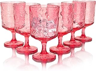 Set of 6 11 ounce Iceberg Acrylic Wine Glasses,Plastic Stem Wine Glasses Tumbler for for All Purpose Party, BPA free and Durable (Red)