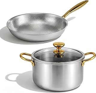 LemonRoad 2 Pieces Titanium Cookware Set, 11'' and 9.45'' Pots and Pans with Lids Triply Titanium No Coat Technology Safe for Oven, Induction and Cook Tops, Dishwasher Safe (Pan and Soup Pot)
