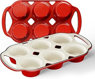 HONGBAKE Everline Collection Enameled Cast Iron Muffin Pan, Non Tocix Naturally Muffin Tin 6, Non Stick Cup Cake Pans for Baking, Oven & Stovetop Safe, Standard Size, 2 Pack, Red