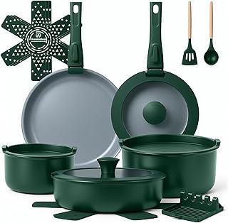 Ammeloo 18-Piece Ceramic Pots and Pans Set Non Stick, Non Toxic Cookware Set with Removable Handles, Pot Sets for Cooking, Induction Ready, Dishwasher & Oven Safe, PFAS PFOA & PTFE Free (Hunter Green)