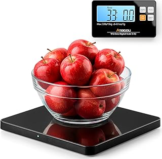 Atogou Upgraded Wireless Food Scale, 33lb/15kg Kitchen Scale with Detachable Display & Larger Platform, 0.1oz/1g, 9 Units, Counting Function, Stainless Steel, for Cooking, Baking, Shipping, Black