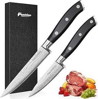 Razor Sharp 2PCS Small Kitchen Knife Set, 5 inch Utility Knife and 3.5 inch Paring Knife, High Carbon Steel Damascus Pattern Japanese Chef Knife with Full Tang Handle Design for Home Kitchen
