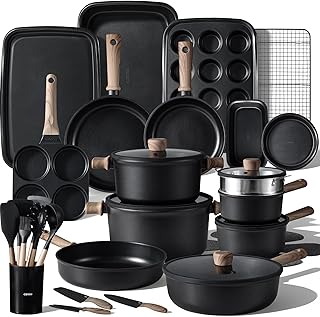 CAROTE 44pcs Nonstick Kitchen Titanium Cookware Sets, Nonstick Pots and Pans, Induction Cookware Set Kitchen Cooking Sets, Non Stick w/Frying Pan,Black