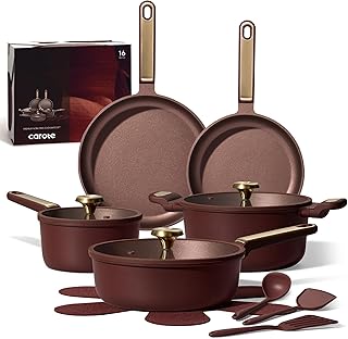 CAROTE Pots and Pans Set Nonstick, 16pcs Cookware Set Nonstick Non-Toxic & PFOA&PFOS-Free, Dishwasher, RV/Camping Cookware Set, Cooking Pots with Lids,Wine Red