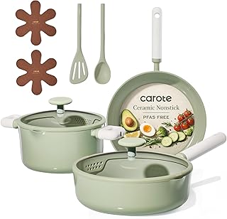 CAROTE Pots and Pans Set Nonstick, Ceramic Cookware Set, Green Cooking Set Kitchen Induction Set with Steamer, PFAS PTFE Free,9 Piece