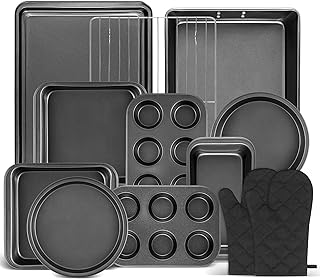 12PCS Nonstick Baking Pans Set - Stackable Bakeware Sets with Wider Grip, Carbon Steel Baking Set Including Cookie Sheets for Baking, Muffin Pan, Loaf Pan, Cake pan, Roasting Pan, Oven Mitts