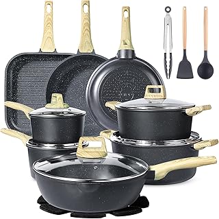 GiPP 21Psc Pots and Pans Set Non Stick - Grey Ceramic Kitchen Cookware Sets Nonstick Induction Cookware Non-toxic Cooking Pan Set with Silicone Utensils, PFOS and PFOA Free