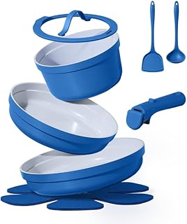 CAROTE 9pcs Pots and Pans Set,Ceramic Cookware Sets Non Stick with Detachable Handle, Induction Kitchen Pots and Pans,RV Cooking Set, Oven/Dishwasher/Fridge Safe, Malta Blue