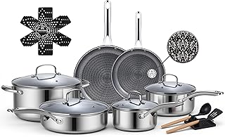 Ammeloo 17 Pcs Nonstick Stainless Steel Cookware Set, Hybrid Stainless Steel Pots and Pans Set Non Stick, Non Toxic Kitchen Cookware Sets, Dishwasher & Oven Safe, Induction & All Cooktop Compatible
