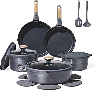 CAROTE 17Pcs Titanium Pots and Pans Set, Cookware Set Nonstick, Kitchen Cooking Set with Detachable Handle, RV/Camping Cookware, Dishwasher/Oven Safe, Grey
