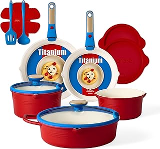 CAROTE 17Pcs Titanium Cookware Set, Pots and Pans Set Non Stick, Kitchen Cooking Set with Detachable Handle, Non Toxic Induction Cookware, Dishwasher/Oven Safe，Memphis Design