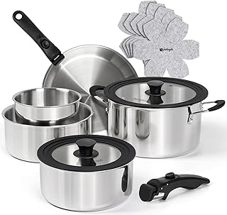 Michelangelo 14pcs Tri-Ply Stainless Steel Cookware Set with Detachable Handle, Induction Kitchen Cookware Set, Oven Safe Pots and Pans, Stackable RV/Camping Cookware
