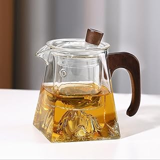 Glass Tea Pot Set with Wooden Handle, Glass filter element, Heat Resistant Clear Teapot, Modern Design Tea Infuser with Lid (500ml Mountain View)