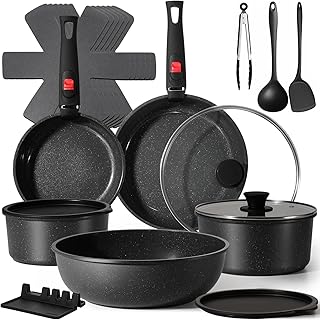 21Pcs Ceramic Pots and Pans Set Non Stick, Kitchen Cookware Set with Detachable Handles, Non Toxic Healthy Cooking Set, Induction Dishwasher Oven Safe, PTFE PFOA PFOS Free, Black