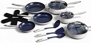 Guy Fieri's Flavortown 15-Piece Ceramic Cookware Set, Nonstick Pots and Pans for Cooking, Induction Compatible (Blue & White, 15-Piece, Induction-compatible)