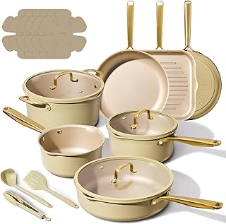 CAROTE 19Pcs Pots and Pans Set, Non Stick Induction Cookware Sets with Durable Cast Steel Handle, Oven-Safe Pots and Pans with Cooking Utensils, PFOS/PFOA Free, Dishwasher Safe, Aluminum