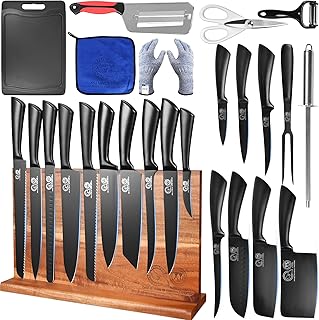 XYJ Knife Block Set, Chef Knives Set with Wooden Magnetic Knife Block, Fork, Cutting Board, Sharpening Stick, Scissors, Stainless Steel Japanese Kitchen Knives, Vegetable Slicer, Peeler, Gloves