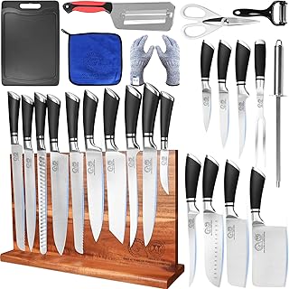 XYJ Knife Block Set, Stainless Steel Kitchen Knives Set with Magnetic Knife Holder, Fork, Cutting Board, Honing Steel, Scissors, Peeler, Cut Resistant Gloves, Japanese Style Slicing Chef Knives