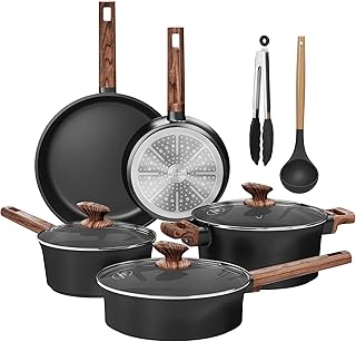 Kitchen Academy Non Toxic Pots and Pans Set Non Stick - 10 Pcs Induction Ceramic Cookware Set, Healthy Nonstick Black Cooking Pans Set, PFAS/PTFE/PFOA & PFOS Free