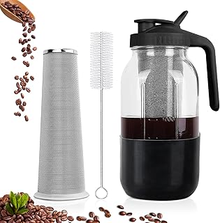 Cold Brew Coffee Maker, 64oz Mason Jar Pitcher with Stainless Steel Filter, Leak-Proof Lid with Pour Spout & Handle, Heavy Duty Glass Iced Coffee Tea Brewer with Protective Silicone Sleeve-Black