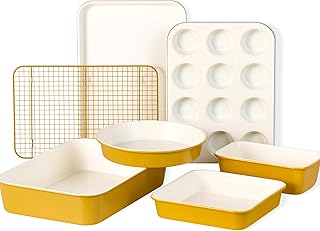 CAROTE 7-Piece Nonstick Ceramic Baking Pans Set - Bakeware Sets Including Cookie Sheets for Baking, Muffin Pan, Bread Pan, Cake pan, Loaf Pan, Roasting Pan, and Cooling Rack, Yellow & White