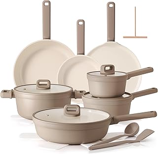 SENSARTE 20Pcs Pots and Pans Set Nonstick, Ceramic Cookware Set Non Stick, Non-toxic Healthy Kitchen Cooking Set, Induction Compatible, Dishwasher Safe, PFAS/PTFE/PFOA Free, TAUPE