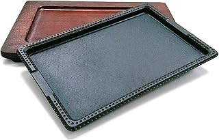 Cast Iron Steak Plate with wooden Base, Griddle Grill Pan (10.5 x 7 inch)