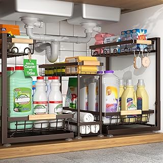 3 Pack Under Sink Organizer, Multi-Purpose 2 Tier Metal Under Kitchen Sink Organizer, Height Adjustable Storage Shelves for Kitchen Bathroom Cabinet (Brown)